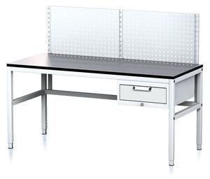 Stół warsztatowy MECHANIC II z panelem perforowanym, 1600 x 700 x 745-985 mm, 1 kontener szufladowy, szary/antracyt