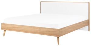 Łóżko ze stelażem i zagłówkiem 180 x 200 cm oświetlenie LED jasne drewno biały Serris Beliani