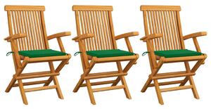 Krzesła ogrodowe, zielone poduszki, 3 szt., lite drewno tekowe