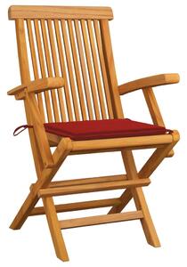 Krzesła ogrodowe z czerwonymi poduszkami, 3 szt., drewno tekowe