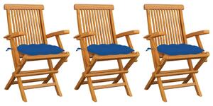 Krzesła ogrodowe, niebieskie poduszki, 3 szt., drewno tekowe