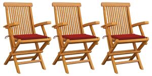 Krzesła ogrodowe, czerwone poduszki, 3 szt., lite drewno tekowe