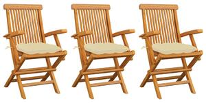 Krzesła ogrodowe, kremowe poduszki, 3 szt., lite drewno tekowe
