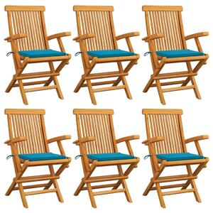 Krzesła ogrodowe, niebieskie poduszki, 6 szt., drewno tekowe