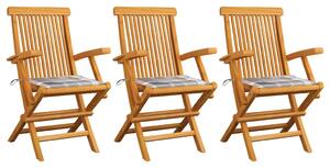 Krzesła ogrodowe z poduszkami w szarą kratę, 3 szt., tekowe