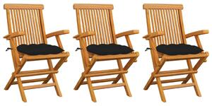 Krzesła ogrodowe, czarne poduszki, 3 szt., lite drewno tekowe