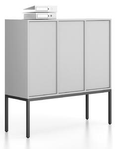 Szafa biurowa FRAME, niska, czarna podstawa, 3x drzwi, 1299 x 450 x 1331 mm, PUSH-lock, szary