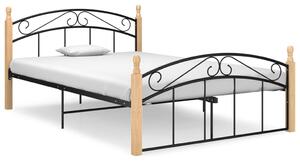 Rama łóżka, czarny metal i lite drewno dębowe, 140x200 cm