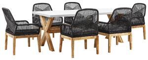 Zestaw ogrodowy 6-os biały beton baza drewno akacjowe stół 6 czarnych krzeseł Olbia Beliani