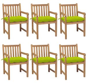 Krzesła ogrodowe z jasnozielonymi poduszkami, 6 szt., tekowe