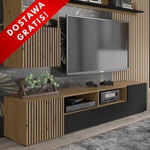 Długa lamelowa szafka pod tv dąb artisan z czarnym | Umeblowana.com