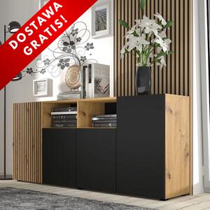 Elegancka długa komoda z półkami 180 cm artisan/czarny | Umeblowana.com