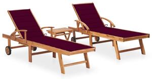 Leżaki ze stolikiem i poduszkami, 2 szt., lite drewno tekowe