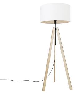 Nowoczesna lampa podłogowa drewno len abażur biały 50 cm statyw - Telu Oswietlenie wewnetrzne