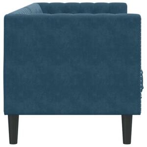 Sofa chesterfield z waÅkami, trzyosobowa, niebieska, aksamit