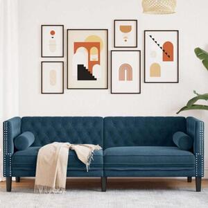Sofa chesterfield z waÅkami, trzyosobowa, niebieska, aksamit