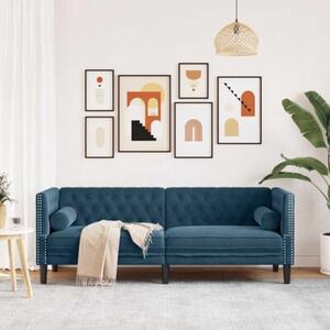 Sofa chesterfield z waÅkami, trzyosobowa, niebieska, aksamit