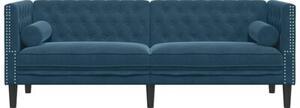 Sofa chesterfield z waÅkami, trzyosobowa, niebieska, aksamit