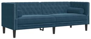 Sofa chesterfield z waÅkami, trzyosobowa, niebieska, aksamit