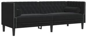 Sofa chesterfield z waÅkami, trzyosobowa, czarna, aksamit