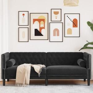 Sofa chesterfield z waÅkami, trzyosobowa, czarna, aksamit