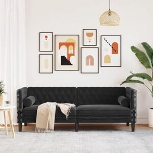 Sofa chesterfield z waÅkami, trzyosobowa, czarna, aksamit