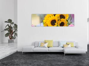 Obraz bukietu ślubnego ze słoneczników (170x50 cm)
