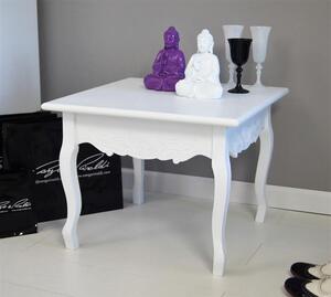 Kwadratowy stolik, seria Meridian, gięte nogi, rzeźbiony motyw kwiatowy, matowa biel