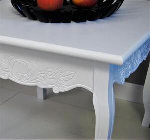 Kwadratowy stolik, seria Meridian, gięte nogi, rzeźbiony motyw kwiatowy, matowa biel
