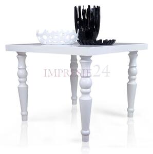 Biały, drewniany stolik na wysoki połysk, toczone nogi