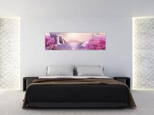 Obraz różowych drzew z jeziorem (170x50 cm)