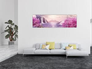 Obraz różowych drzew z jeziorem (170x50 cm)