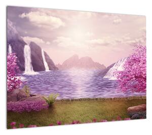 Obraz różowych drzew z jeziorem (70x50 cm)