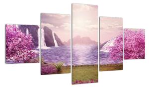 Obraz różowych drzew z jeziorem (125x70 cm)