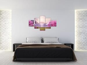 Obraz różowych drzew z jeziorem (125x70 cm)