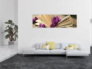 Obraz książki i fioletowych kwiatów (170x50 cm)