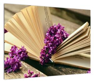 Obraz książki i fioletowych kwiatów (70x50 cm)