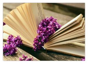 Obraz książki i fioletowych kwiatów (70x50 cm)