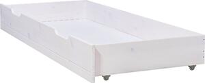 Biała szuflada pod łóżko z sosny, plastikowe kółka