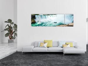 Obraz wodospadów z łodzią (170x50 cm)