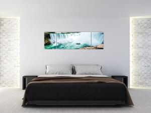 Obraz wodospadów z łodzią (170x50 cm)