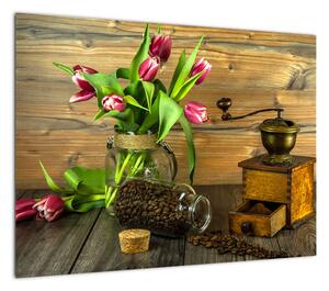 Obraz - tulipany, młynek i kawa (70x50 cm)