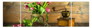 Obraz - tulipany, młynek i kawa (170x50 cm)