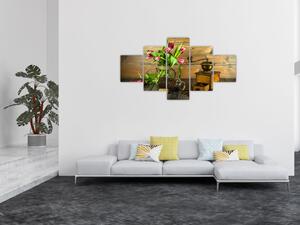 Obraz - tulipany, młynek i kawa (125x70 cm)