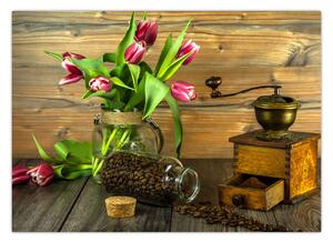 Obraz - tulipany, młynek i kawa (70x50 cm)