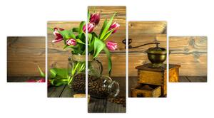 Obraz - tulipany, młynek i kawa (125x70 cm)