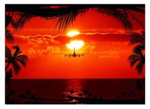 Obraz - zachód słońca z samolotem (70x50 cm)