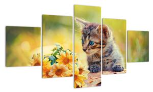 Obraz kotka patrzącego na kwiat (125x70 cm)