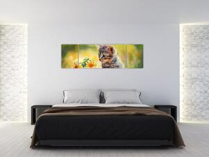 Obraz kotka patrzącego na kwiat (170x50 cm)