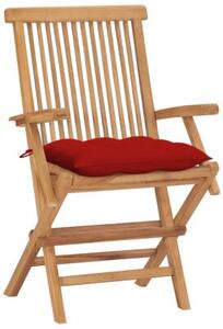 Krzesła ogrodowe, czerwone poduszki, 4 szt., lite drewno tekowe